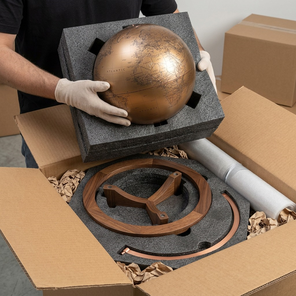 An unboxing scene shows the bronze globe and wood base from the referance image snug in custom foam within a shipping box.