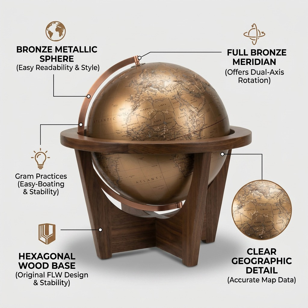 A PDP visual matrix detailing the features of the Frank Lloyd Wright-inspired Hexhedra globe, including its bronze metallic finish, wood stand, and dual-axis rotation.