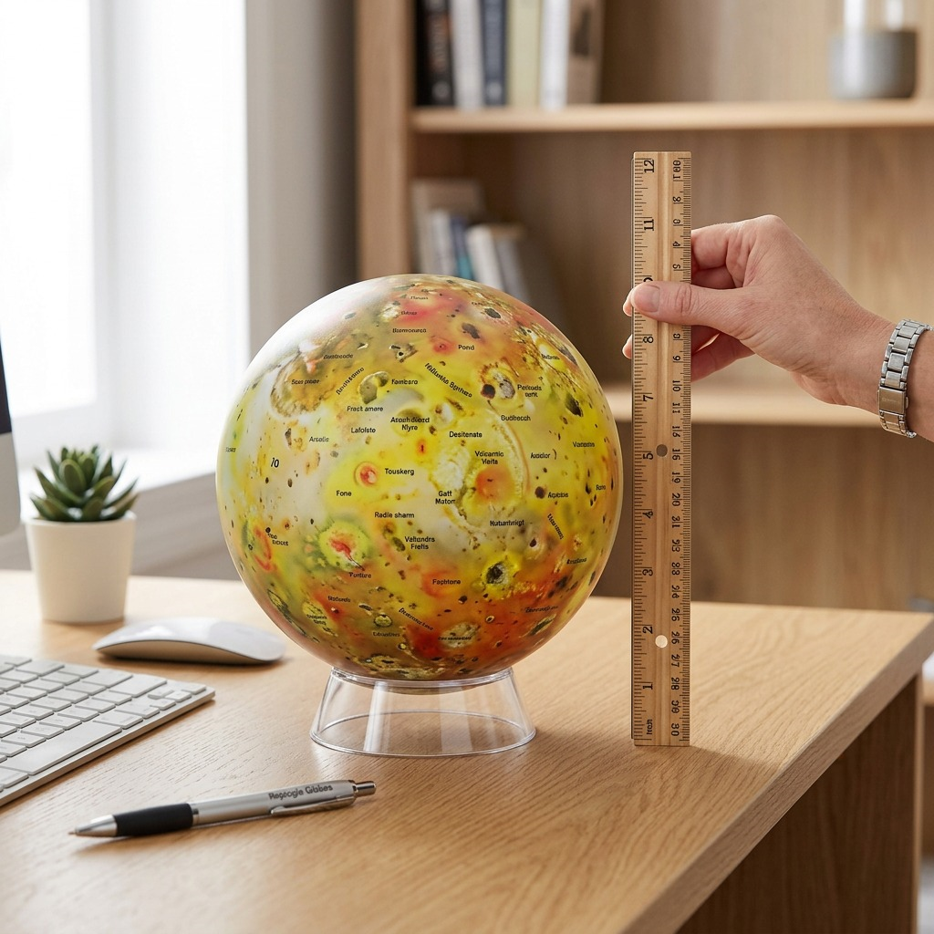 Replogle IO celestial globe on a modern desk, displayed next to a 12-inch ruler held by a hand.