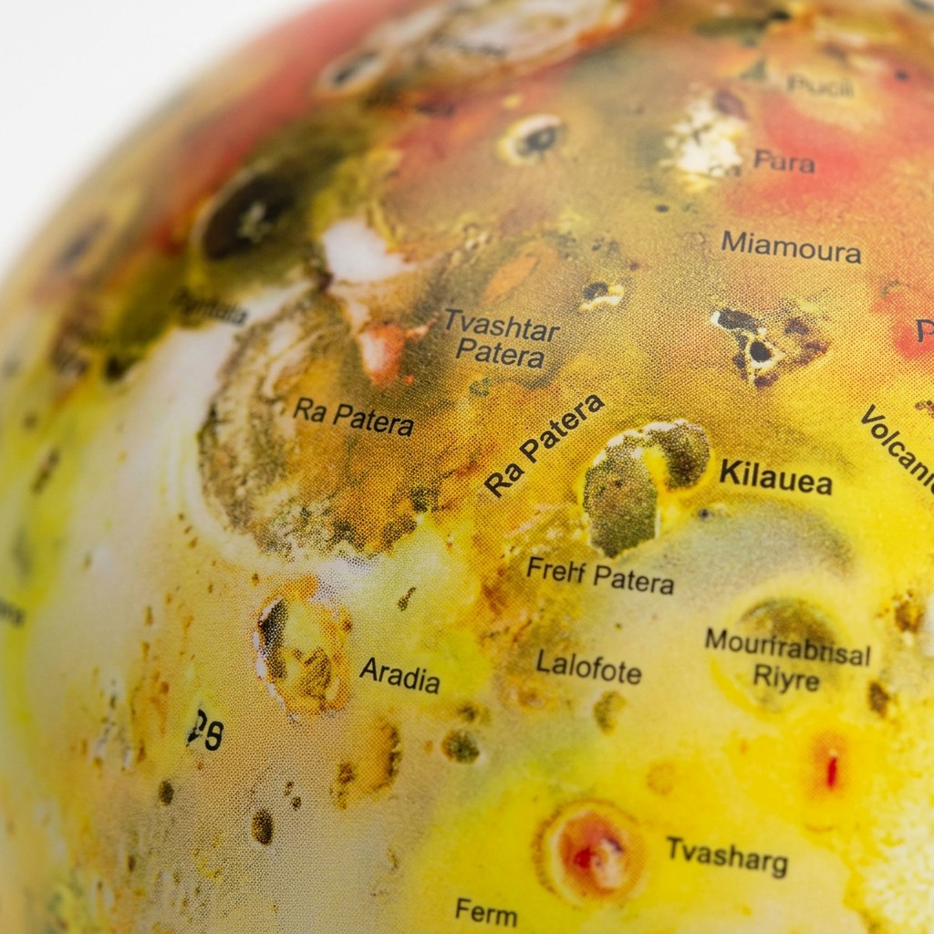 Macro photography of the Io globe, highlighting detailed labels and volcanic terrain textures.