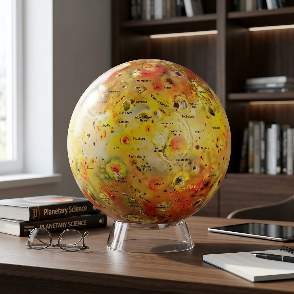 A close-up photograph of the Replogle Io globe on a modern desk, featuring detailed volcanic surface markings and place names.