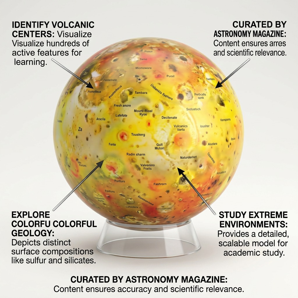 A PDP callout of the Replogle Globes Astronomy Magazine IO Multiple globe showing its accurate volcanic features and details.
