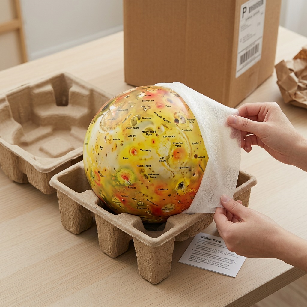 Unboxing a secure Replogle Io globe from supportive molded pulp, no product damage seen.