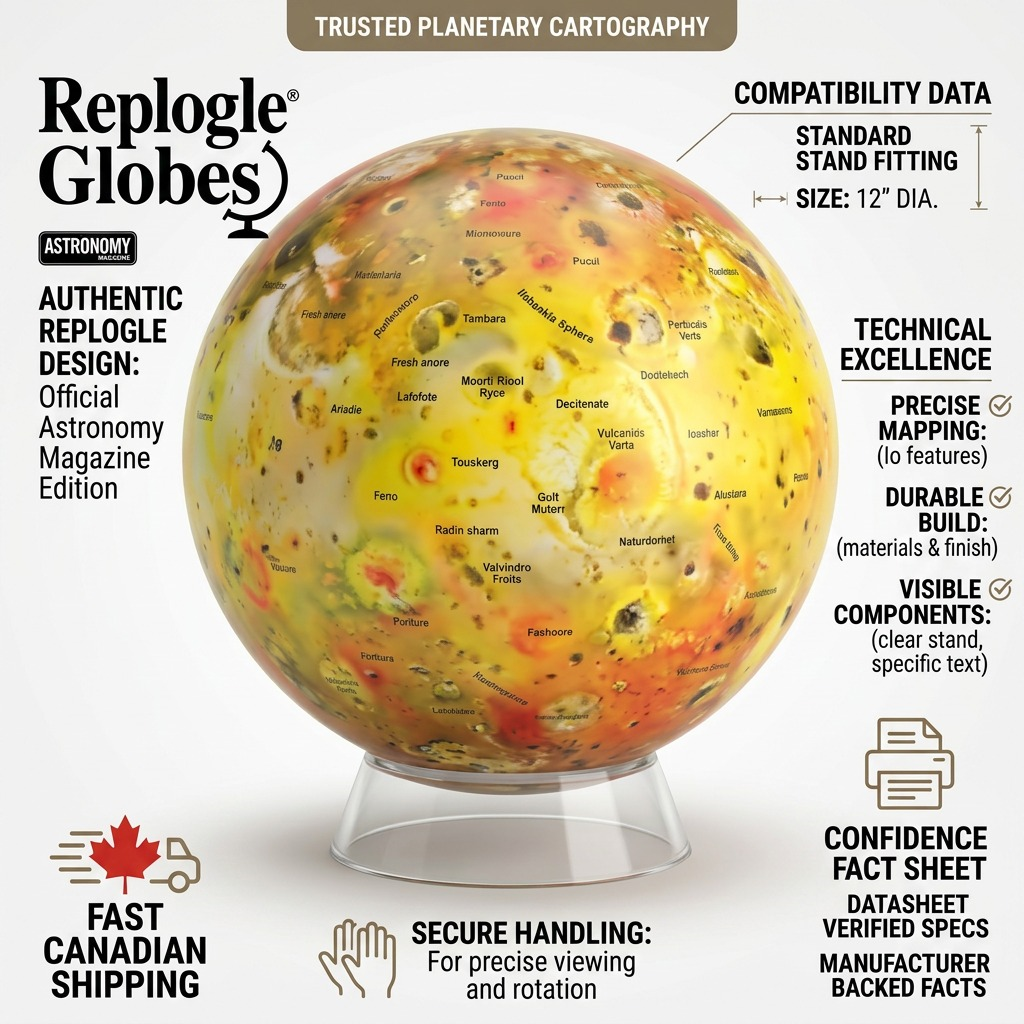 Infographic featuring Io globe with technical specs, shipping icon, and product details.