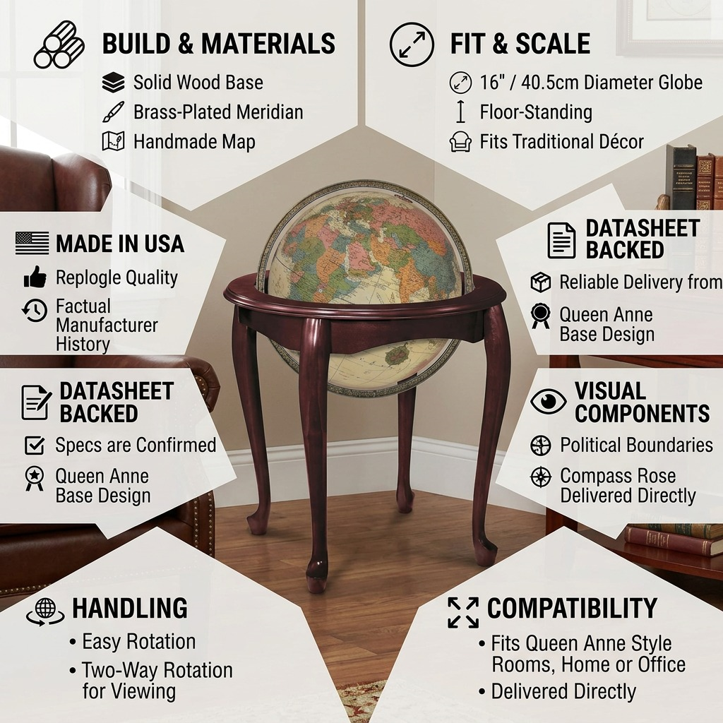 A product infographic showcasing the Queen Anne floor globe with features, specifications, and fast Canadian shipping.