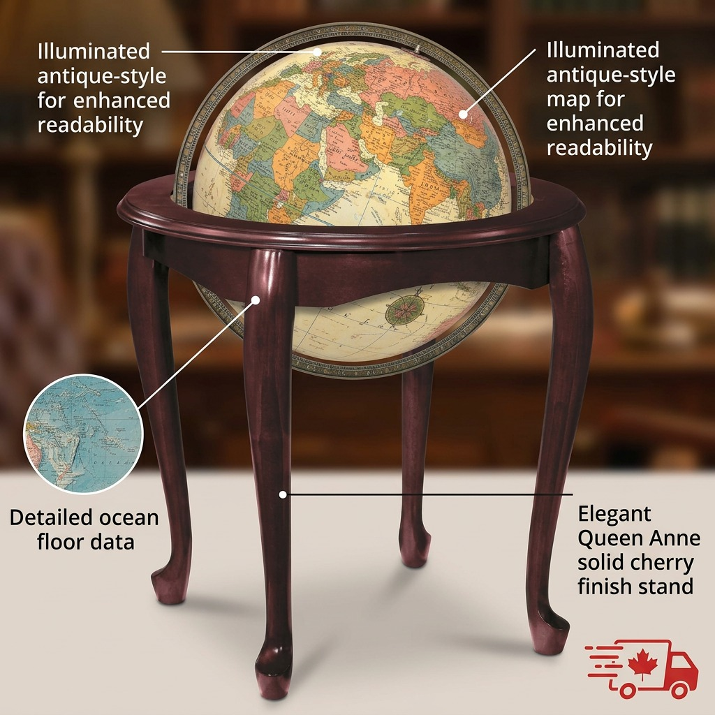 Replogle Queen Anne floor globe feature callout graphic detailing its illuminated, detailed map and cherry finish stand.