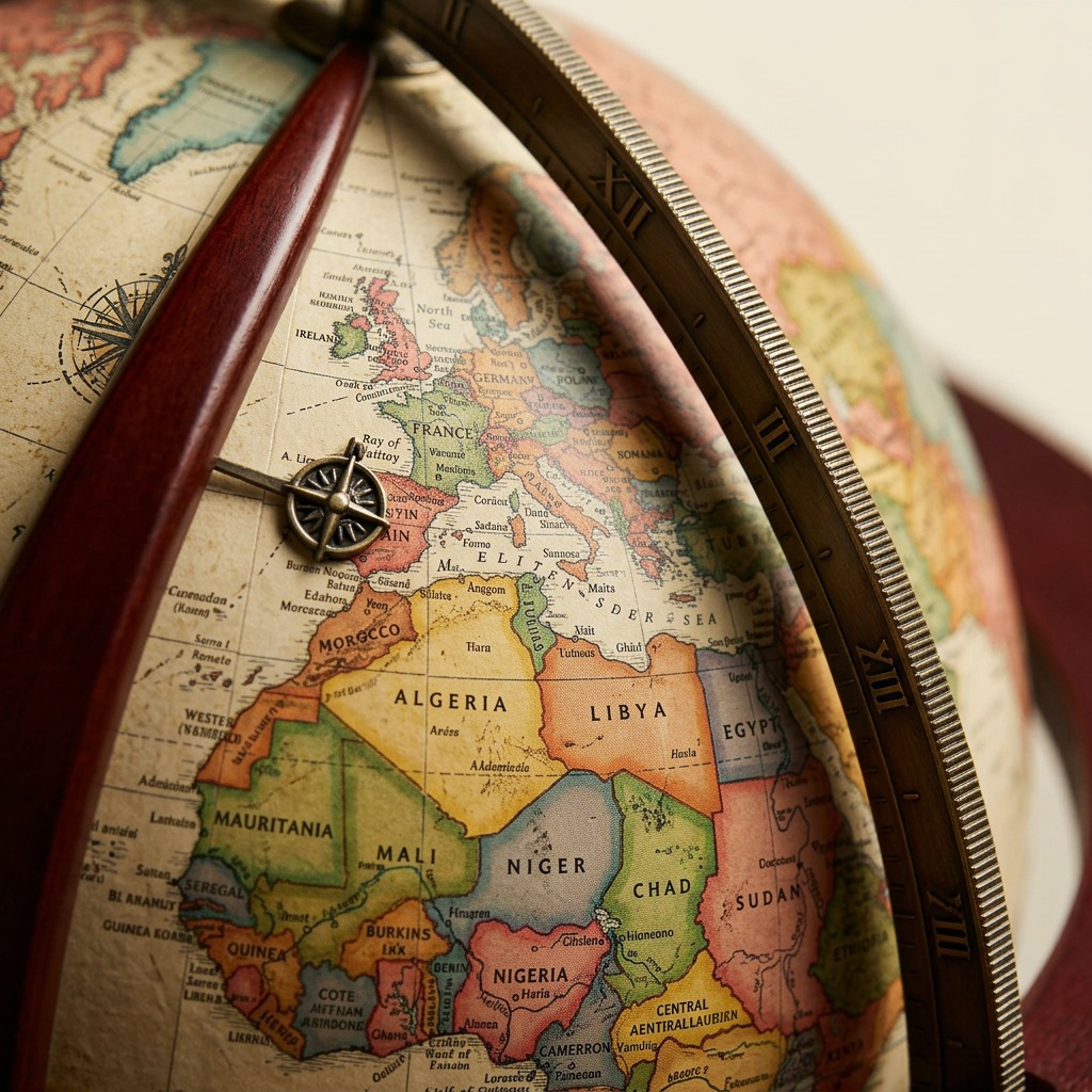 Macro photograph of the antique-style map surface, showing detailed cartridge mapping, a subtle raised texture, and a portion of the engraved wooden meridian and brass time dial on the Queen Anne non-illuminated 16" globe stand.