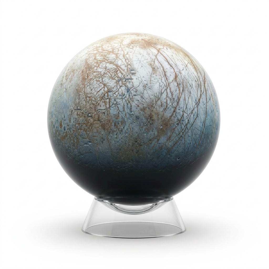 A precise product photograph of the Replogle Globes Astronomy Magazine EUROPA globe on its clear stand.