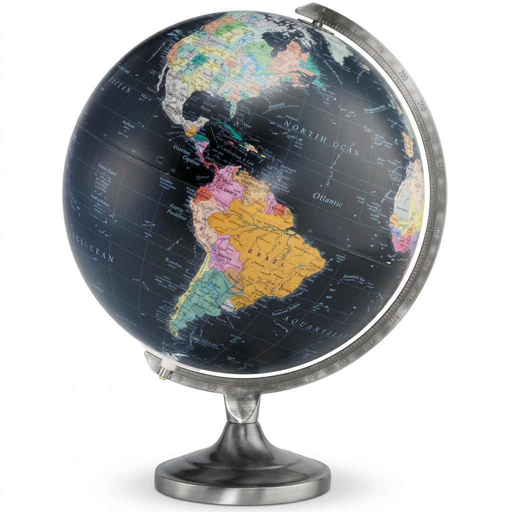 A crisp hero shot of the illuminated black ocean desk globe.