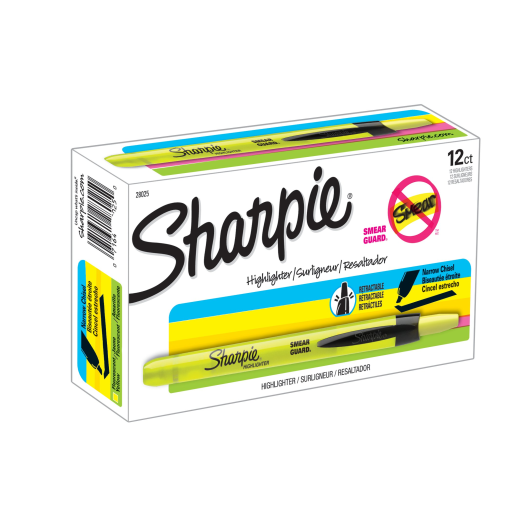 Sharpie Retractable Highlighter, Chisel Tip, Yellow, 1 Unit
