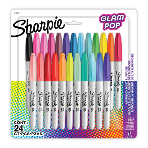 Sharpie Glam Pop Permanent Markers, Fine Point, Assorted Colours, 24 Count