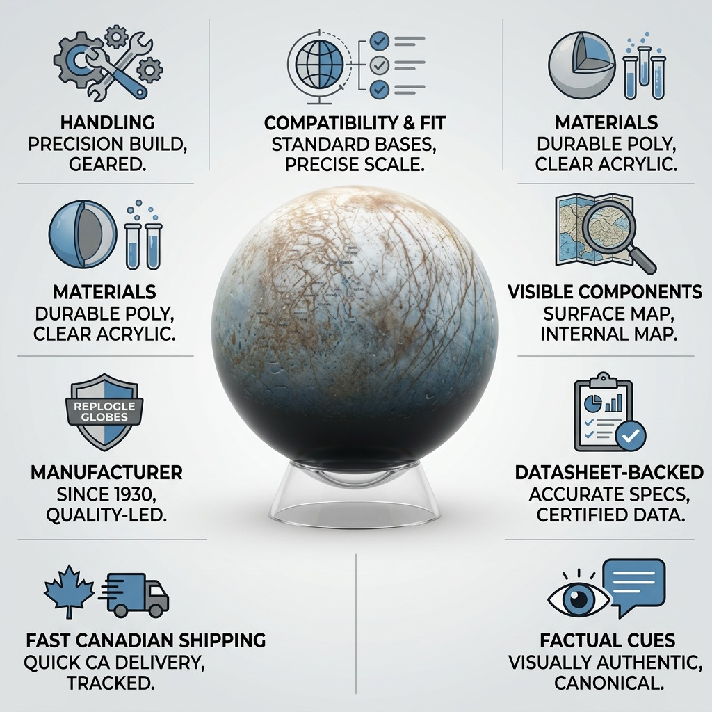 Europa globe product image in a trust-building matrix with feature icons and factual product data.