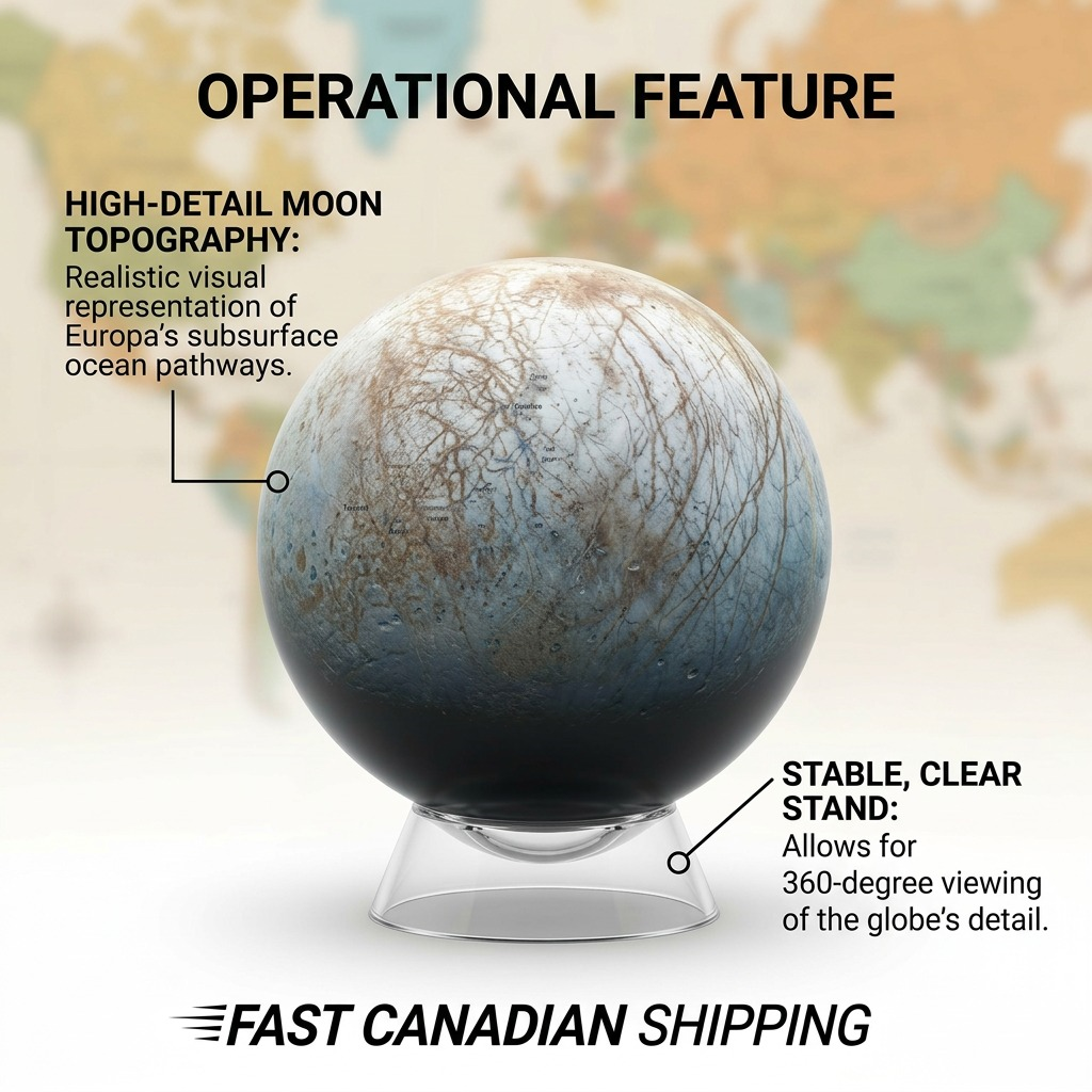 Operational feature graphic for Replogle Europa globe, highlighting detailed surface and stable stand.