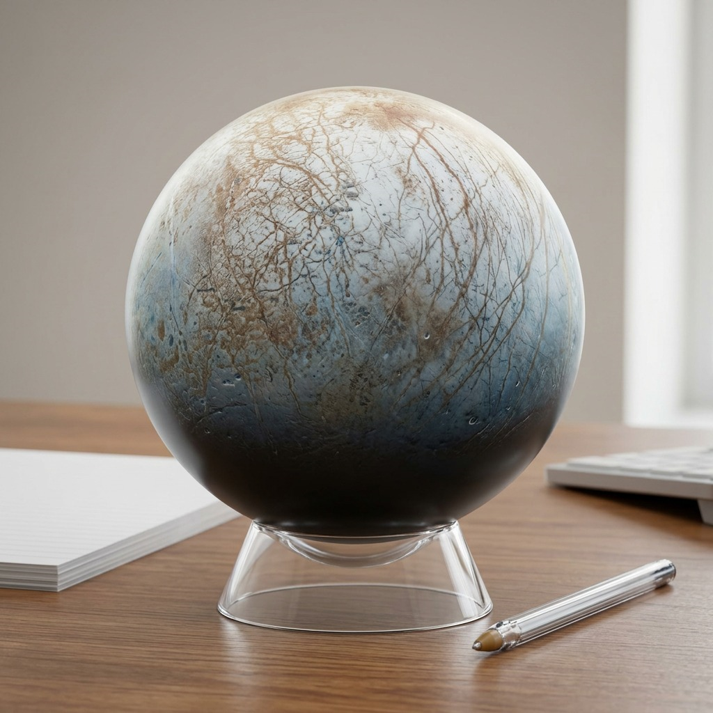 A photo of the Europa globe on a wooden desk, beside a pen and paper for scale comparison.