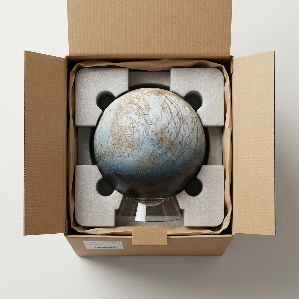 A top-down view shows the Europa globe, from image_0.png, secure in form-fitting foam packaging within a cardboard shipping box, half-unboxed.