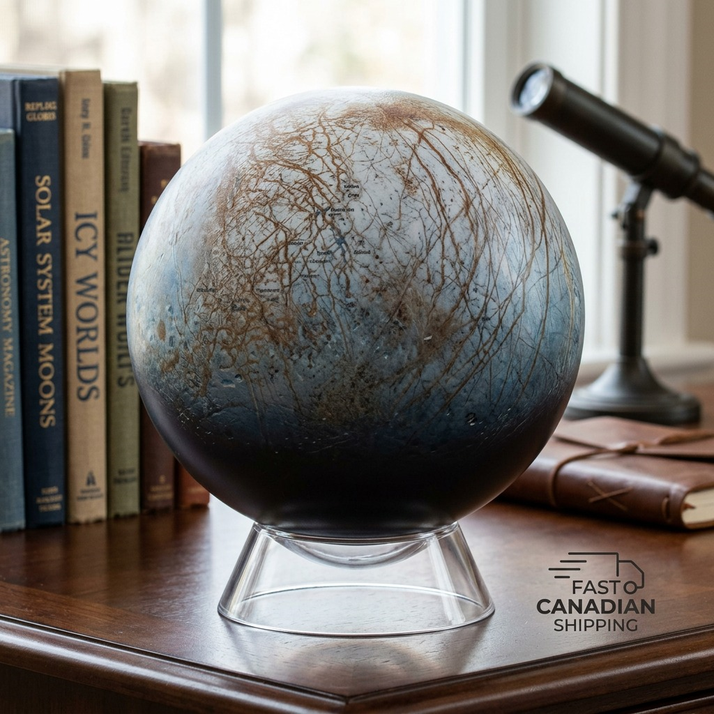 A detailed European Moon globe on a desk in a study, showing its icy-blue, fractured surface texture.