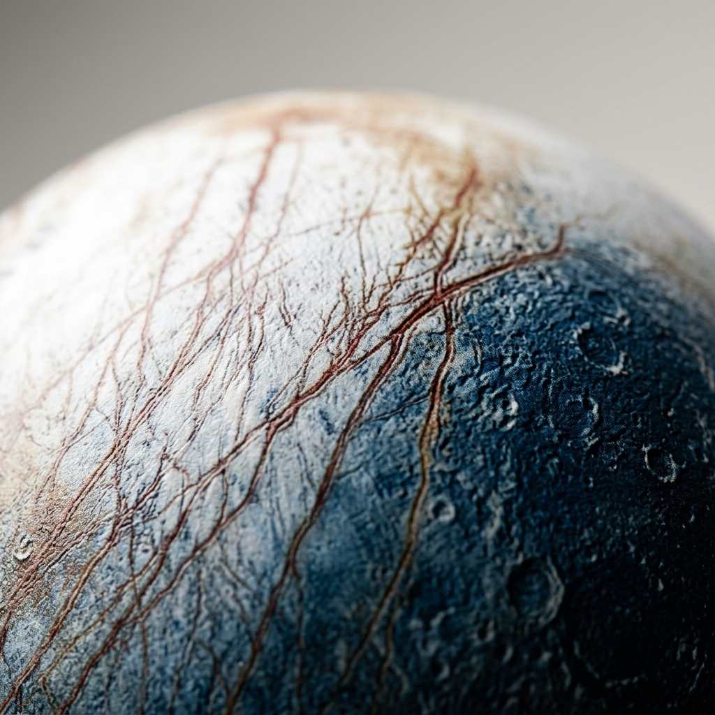 A macro photograph detailing the complex icy surface texture, red-brown lineae, and crater-free blue plains of the Europa moon globe.