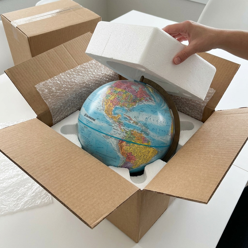 A Replogle Globemaster globe securely suspended by molded polystyrene foam within an open, thick cardboard shipping carton, showing premium protection.