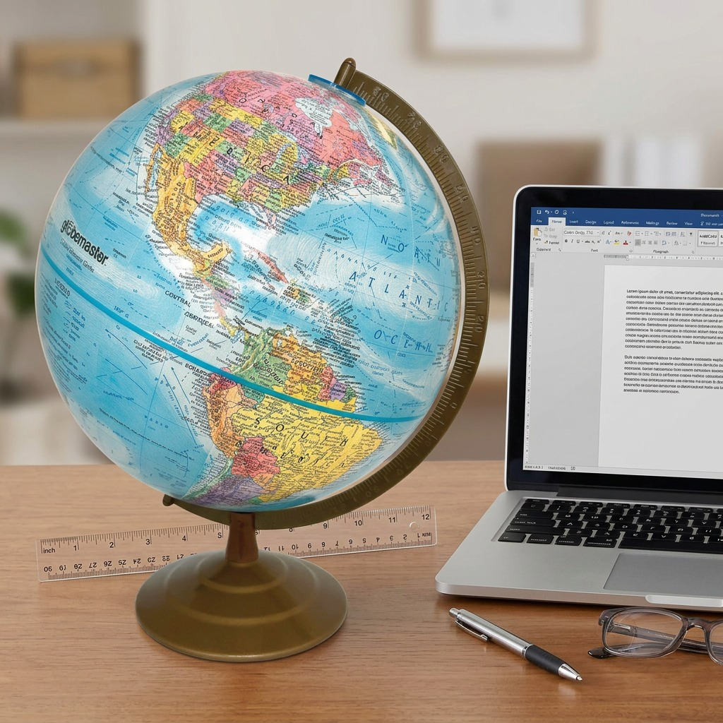A desk scene featuring a 12-inch Globemaster desk globe next to a standard 22-inch PC monitor for scale.
