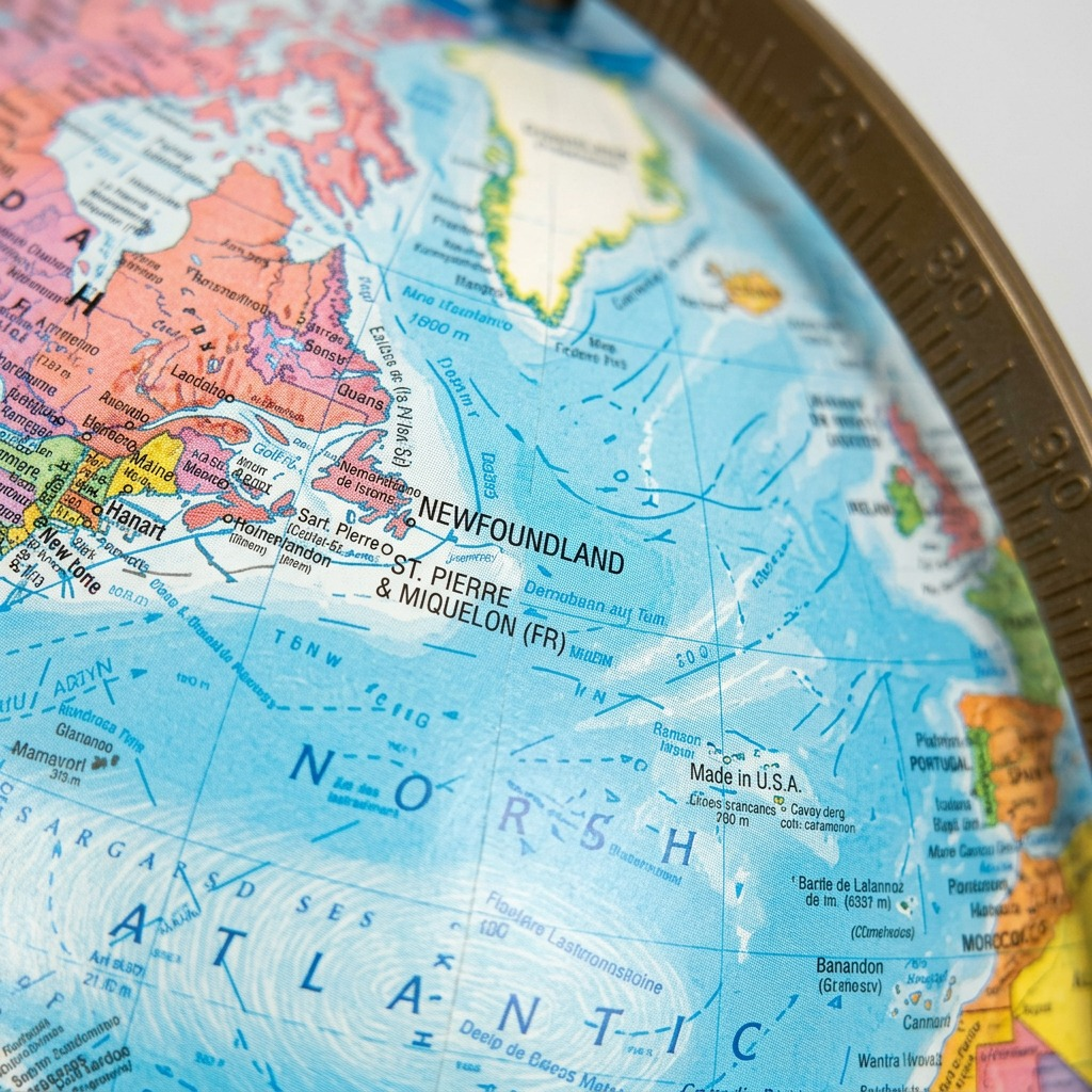 Extreme macro photo showing the detailed French cartography print texture, including city names, borders, and ocean depth, on the 12"/30cm Blue Ocean Globemaster.