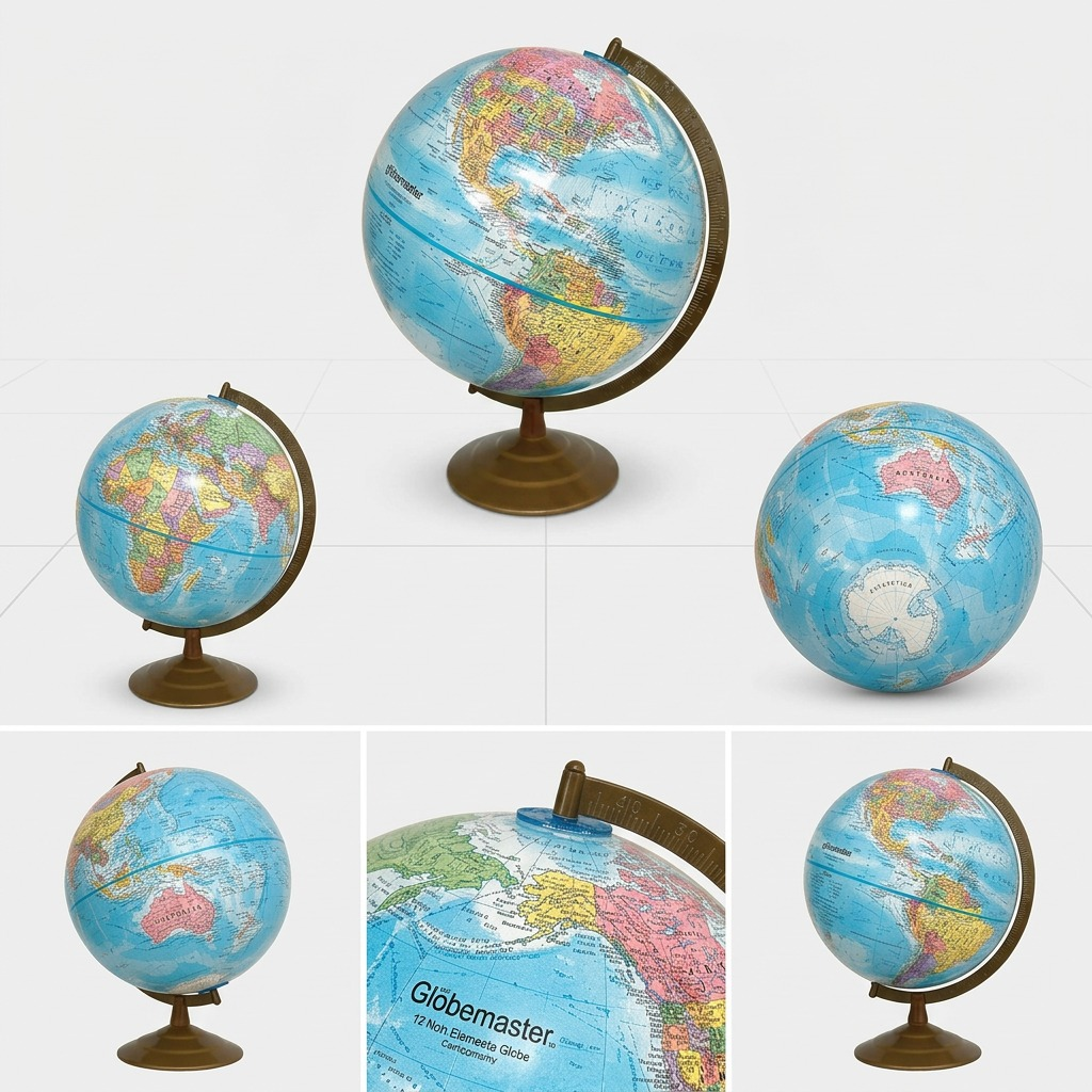 Multi-angle view of the Replogle Globemaster blue ocean world globe with brass stand.