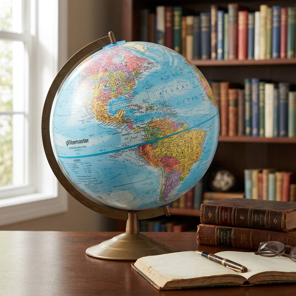 Replogle Globemaster 12" Blue Ocean Globe on a wooden desk with books in a library, lifestyle.