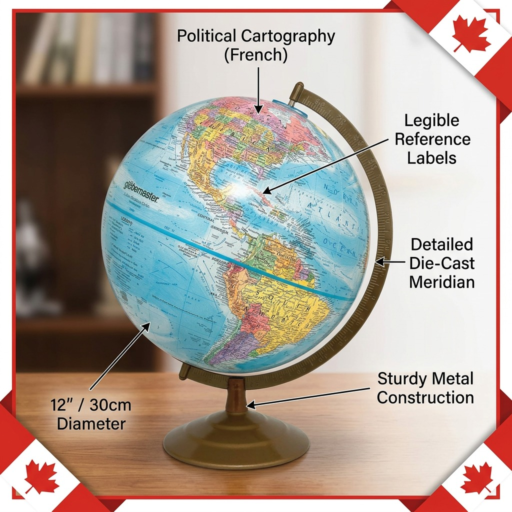 Feature callout graphic shows a Replogle Globemaster globe with labels highlighting political cartography, its 12" diameter, sturdy metal construction, and its die-cast meridian. Includes Canadian flags.