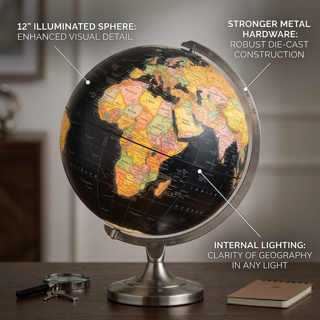 A close-up photograph of the illuminated Replogle Orion globe showing key features via callout labels.