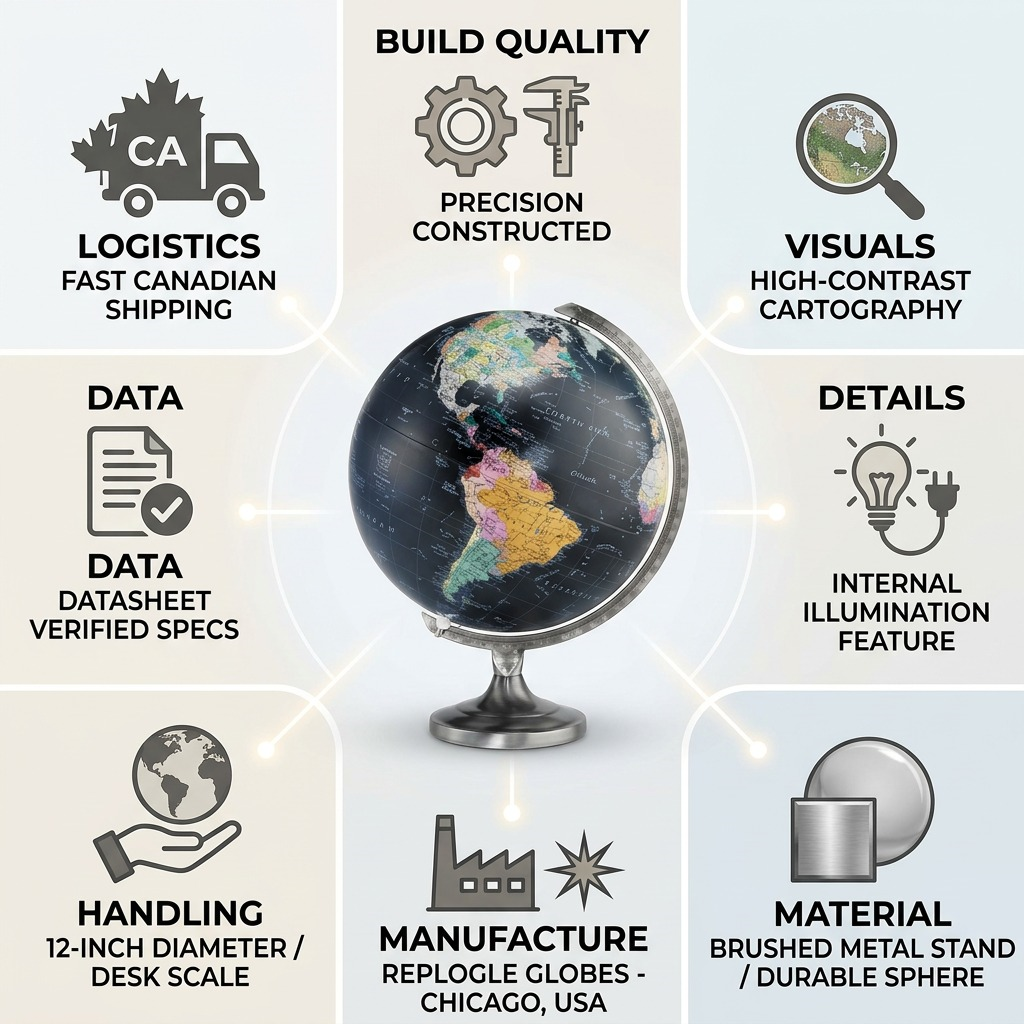 Replogle Orion globe infographic highlighting build, visuals, materials, logistics, and US manufacturing features.