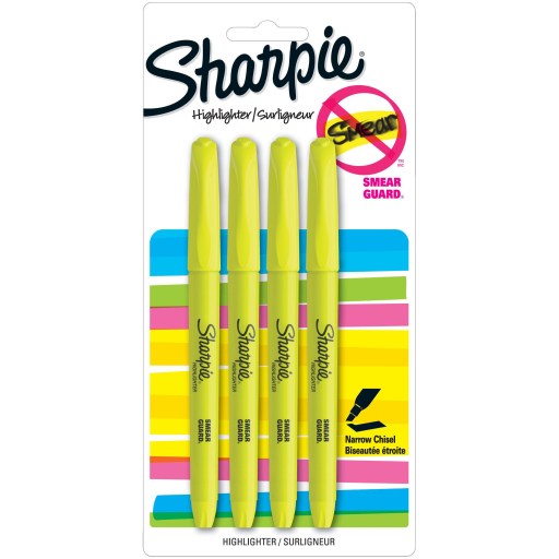Sharpie Pocket Highlighters, Narrow Chisel Tip, Yellow, 4 Count