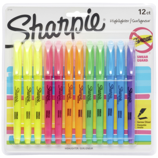 Sharpie Pocket Highlighters, Narrow Chisel Tip, Assorted Colours, 12 Count