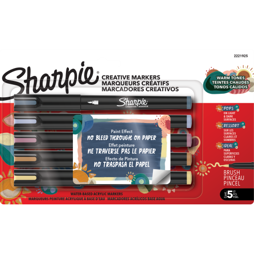 Sharpie Creative Markers, Warm Tones, Water-Based Acrylic Markers, Brush Tip, Assorted Colours, 5 Count