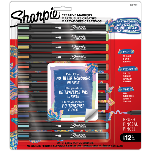 Sharpie Creative Markers, Earth Tones, Water-Based Acrylic Markers, Brush Tip, Assorted Colours, 12 Count