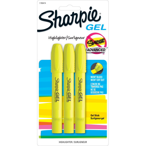 Sharpie Gel Highlighters, Bullet Tip, Yellow, 3 Count