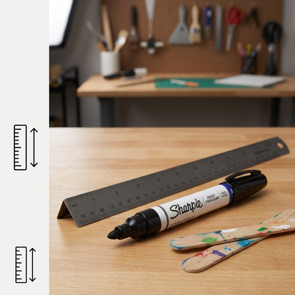 Sharpie Bold Point Black Oil-Based Paint Marker on a workbench next to a ruler for scale.