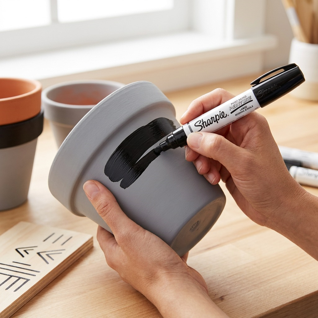 Black Sharpie bold point oil-based paint marker used to paint a permanent design on a ceramic pot.