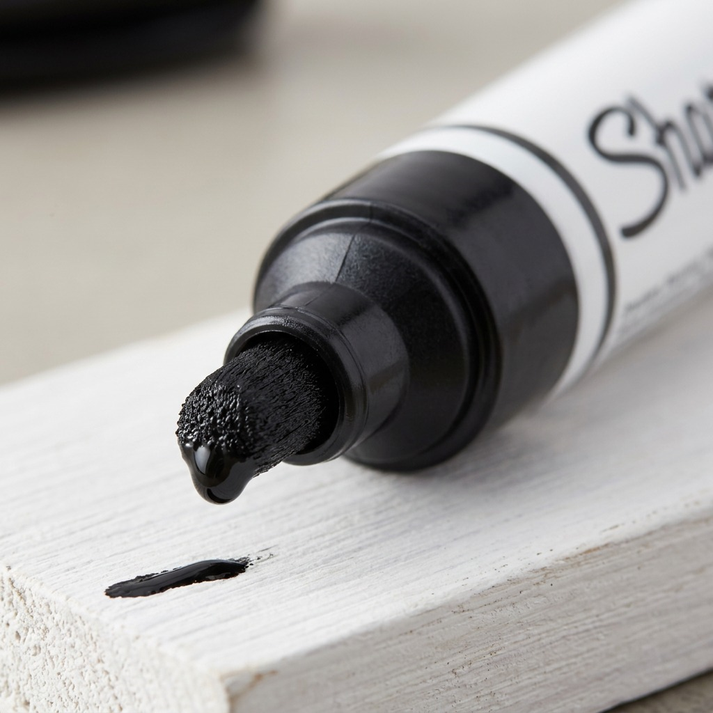 Macro detail of a black Sharpie oil-based paint marker bold point tip dispensing opaque black ink.
