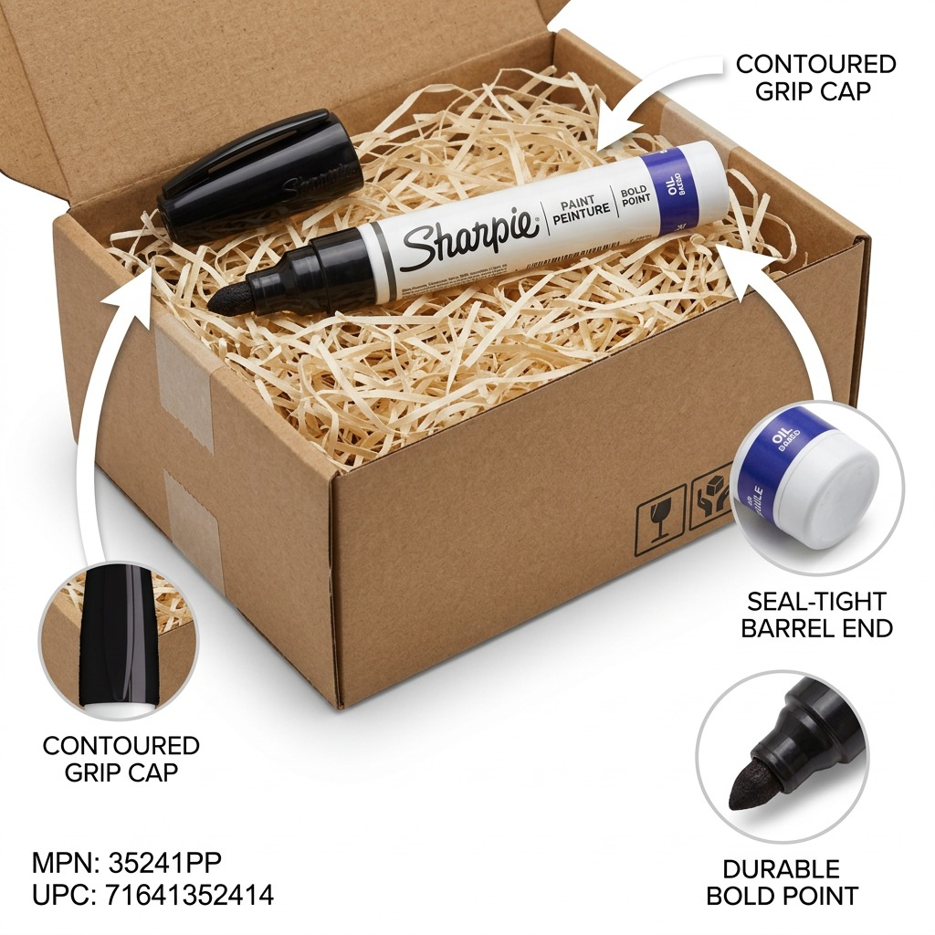 Black Sharpie Bold Point oil-based paint marker packed securely in a box with protective shred.