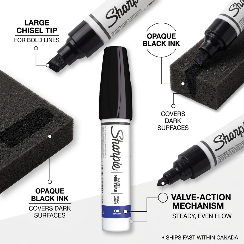Sharpie Bold Point Black Oil-Based Paint Marker features: chisel tip, opaque ink, and valve-action.