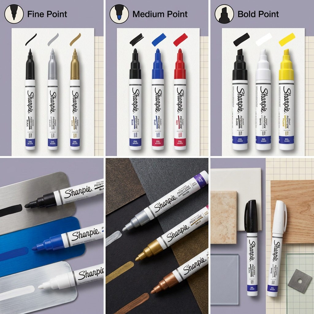 Comparison grid of Sharpie Oil-Based Paint Markers showing Fine, Medium, and Bold point tip sizes.