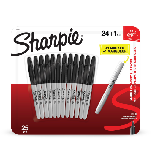 Sharpie Permanent Markers, Fine Point, Black with Metallic Silver Bonus, 25 Count