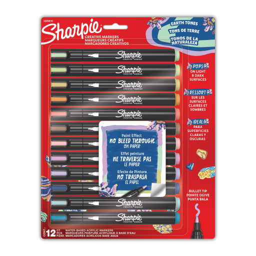 Sharpie Creative Markers, Earth Tones, Water-Based Acrylic Markers, Bullet Tip, Assorted Colours, 12 Count