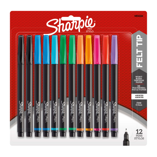 Sharpie Pens, Felt Tip, Fine Point (0.4 mm), Assorted Colours, 12 Count