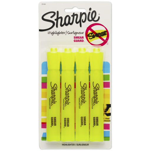 Sharpie Tank Highlighters, Chisel Tip, Yellow, 4 Count