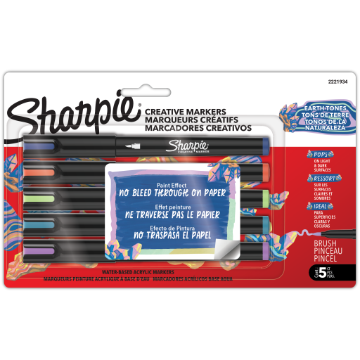 Sharpie Creative Markers, Earth Tones, Water-Based Acrylic Markers, Brush Tip, Assorted Colours, 5 Count