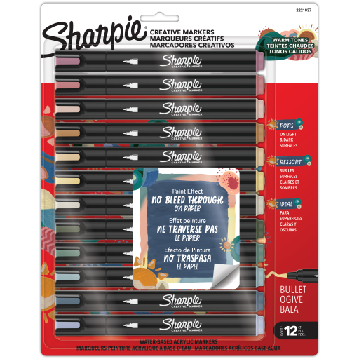 Sharpie Creative Markers, Warm Tones, Water-Based Acrylic Markers, Bullet Tip, Assorted Colours, 12 Count