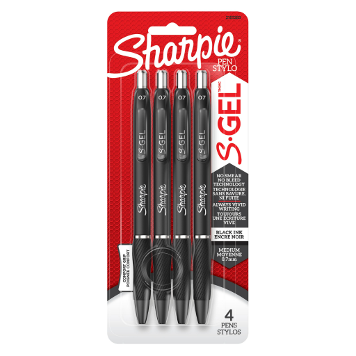 Sharpie S-Gel, Gel Pens, Medium Point (0.7 mm), Black Gel Ink Pens, 4 Count