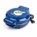 Uncanny Brands Grogu Star Wars Waffle Maker, blue appliance with Grogu in his hovering pram lid art.