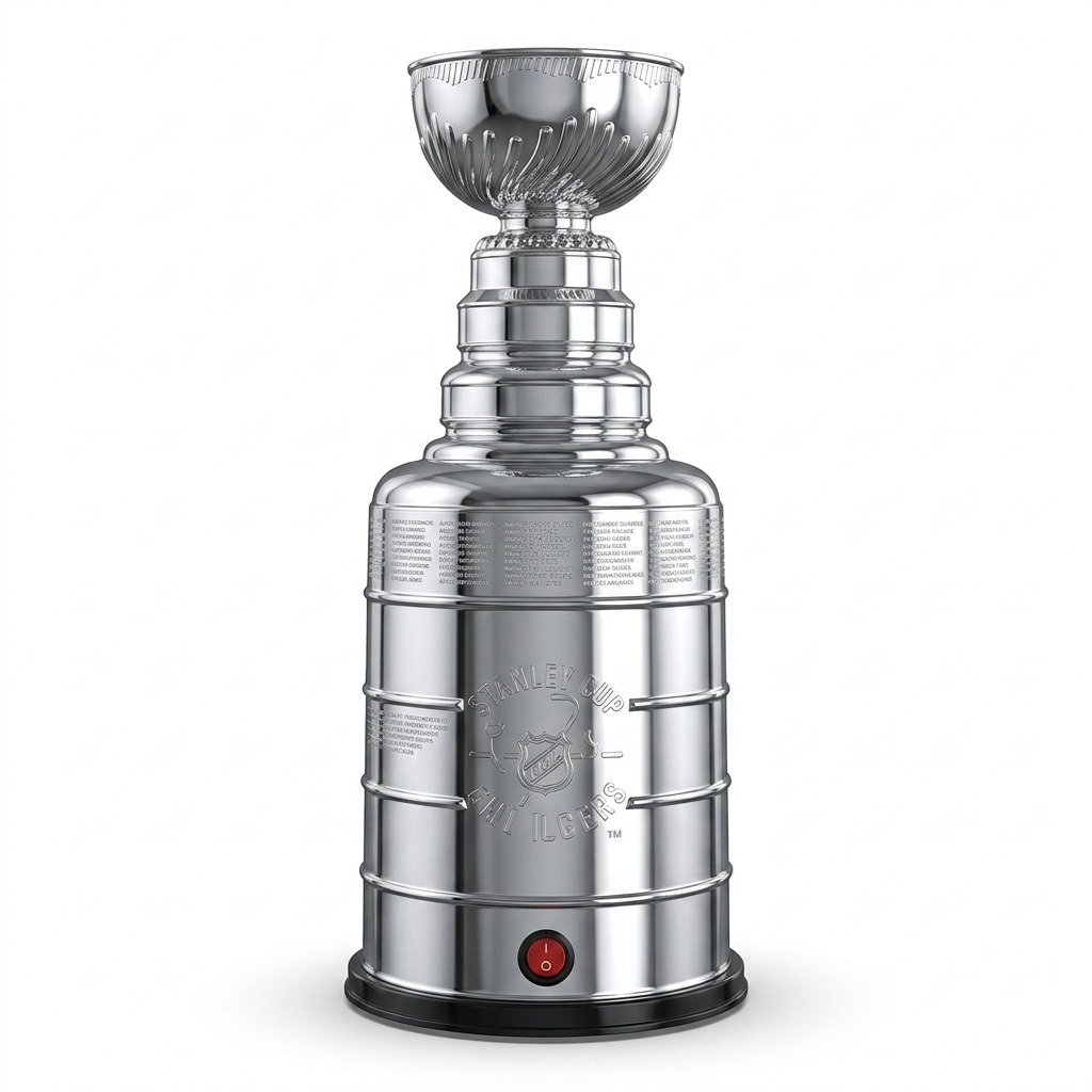 Uncanny Brands NHL Stanley Cup 17-inch replica popcorn maker, silver finish on a white background.