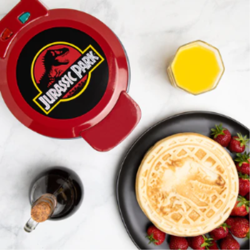Jurassic Park 7" Waffle Maker ? Iconic T-Rex Logo Non-Stick Character Waffle Iron